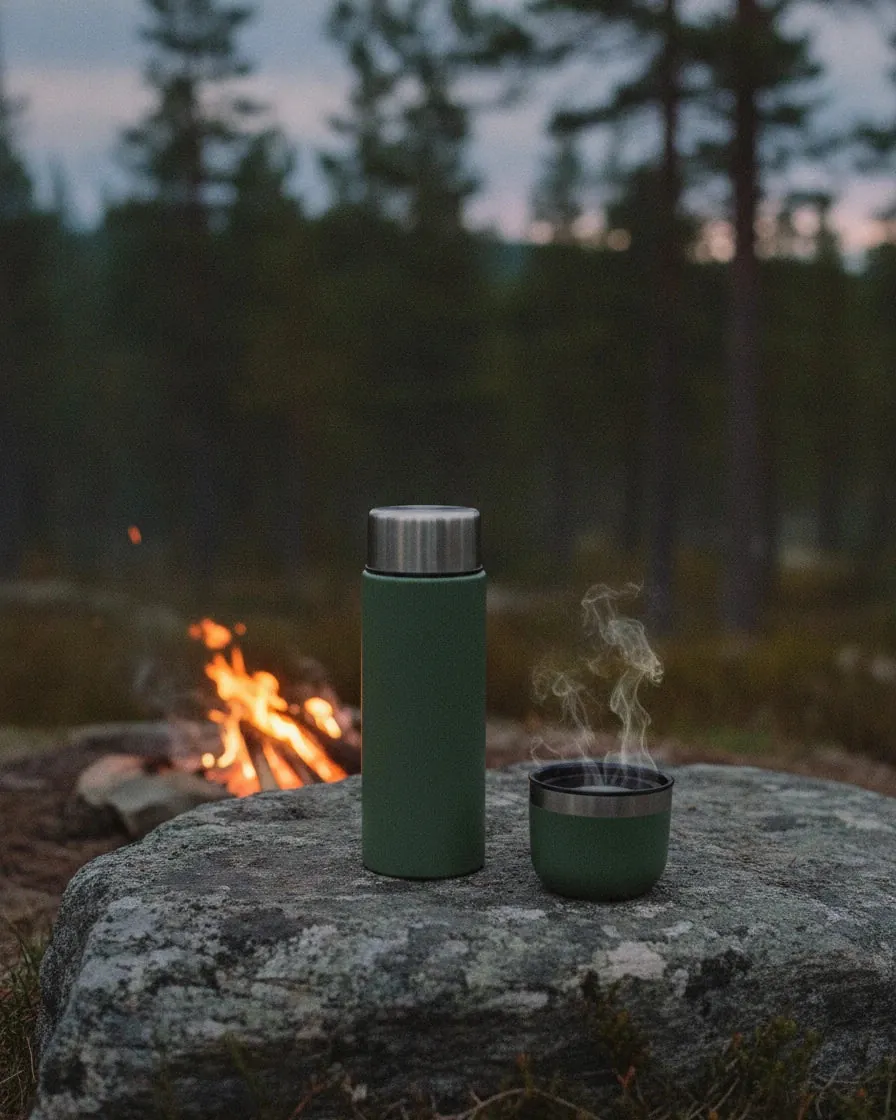 Termosen ved et bål med en kopp kaffe