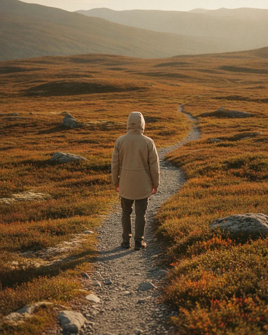 Person i sandfarget anorakk på fjellet, sett bakfra