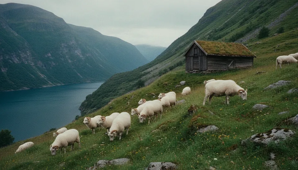 Sauer på fjellbeite over en fjord